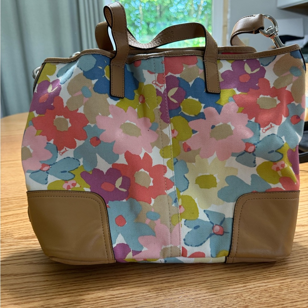 Coach Multicolor Floral Tote with Tan Leather